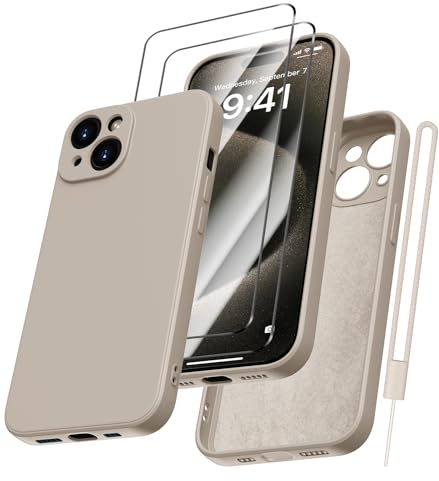 Kukiwhy für iPhone 15 Hülle Silikon mit 2 Stück Panzerfolie, Hanyhülle für iPhone 15 5G Dünn Slim mit Microfiber, Kratzfeste Rundumschutz Schutzhülle für iPhone 15 Case 6.1'' Titanium Grau