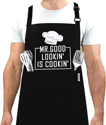 GENSTORES Divertidos delantales de parrilla para hombre con bolsillos, delantal de cocina novedoso para hijo, abuelo, Navidad, día del padre, Mr Good Looking is Cooking, ONE SIZE FIT TO ALL