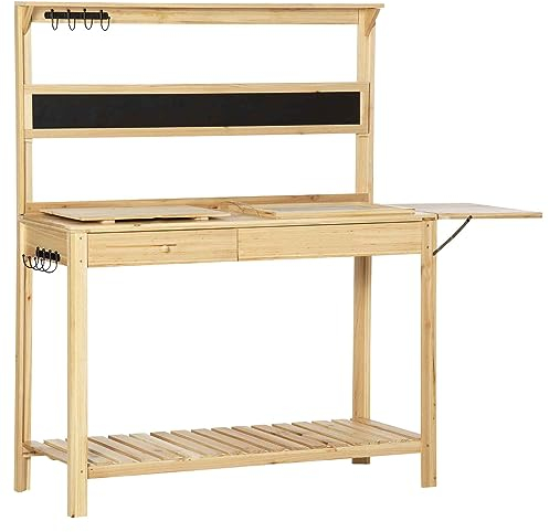 Outsunny Table de rempotage - Table de Jardinage avec 2 étagères, tiroir, étagère Pliante, 8 Crochets, évier, Tamis, Planche - en Bois d'épicéa