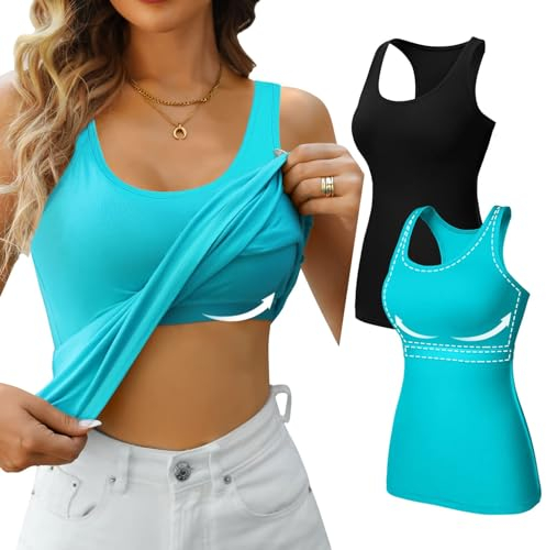 Charmo Top Damen Unterhemd BH Hemd mit Cups Basic Racerback Tank Top mit integriertem BH Stretch eng Trägertop Tanktops Frauen 2er Pack
