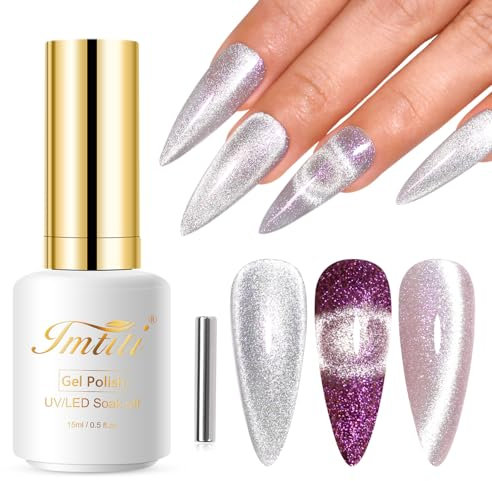 Imtiti Cat Eye Gel Nail Polish, 15ML Silver Holographic Glitter Cat Eye Gel Polish with Magnet UV LED Magnetic Gel Nail Polish Crystal Galaxy Sparkly Home DIY Manicure Nail Salon Kit