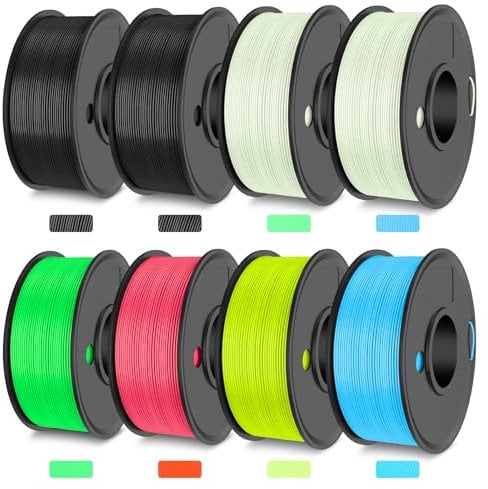 TECBEARS PETG Leuchtet Filament bundle 1.75 mm, Glow in The Dark Grün, Blau, Gelb, Rot, Schwarz PETG 3D Drucker Filament, 8 Spulen 2 kg, 250 g pro Spule, Stärker Zähigkeit, Maßgenauigkeit +/- 0,02 mm