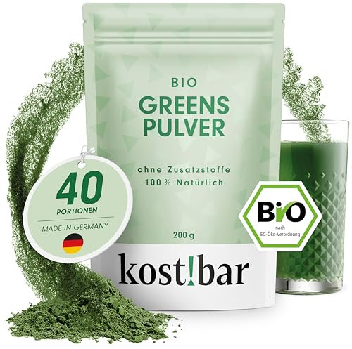 kost!bar BIO Greens Pulver – Grüne Helfer Superfood Konzentrat aus 5 Grassaftpulvern inkl. Gerstengras | Natürliche Vitamine, Antioxidantien, Ballaststoffe & Chlorophyll | Smoothie Pulver – 200 g