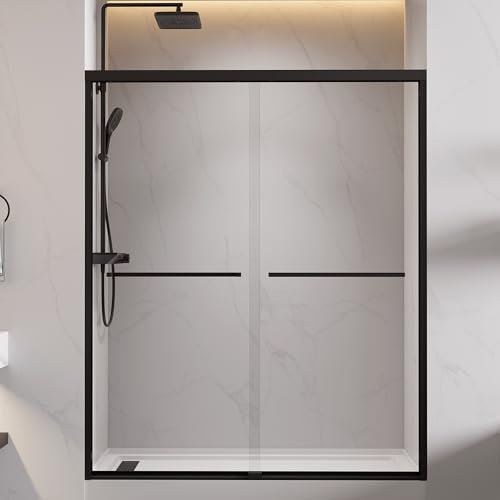 MORVANO Puerta de ducha de vidrio de 56-60 pulgadas de ancho x 72 pulgadas de alto, puerta corrediza doble sin marco con vidrio templado transparente de 1/4 pulgadas, mampara de baño con 2 asas
