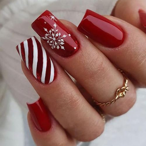 24pcs Christmas False Nails - Square Coffin Fake Nails with Glue - Stick on Nails with Burgundy Red Striped Snowflake Design - French Tips False Nails Acrylic Nails for Women Girls Christmas Party