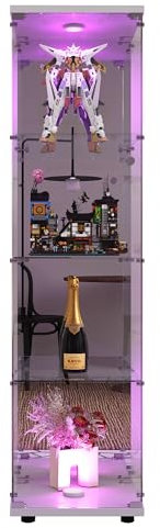 FOERPL Glas Vitrine mit LED und Tür, 42x36x164cm Vitrinenschränke Transparent mit Spiegel Rückseite, 4-Lagen Standvitrine für Wohnzimmer Büro Saal Sammlerstücke Wein