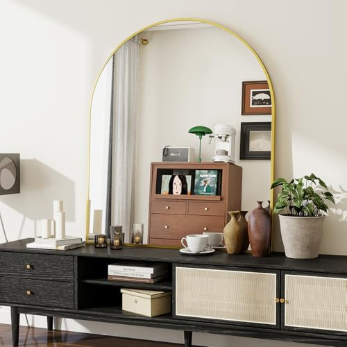 BEAUTYPEAK Bogen Wandspiegel mit Gold, 81x78 cm Bruchsichere Aluminiumlegierung Rahmen Bad Spiegel, Wand montierbar und zuverlässige Bogen Wandspiegel, geeignet für Schlafzimmer, Eingang, Bad