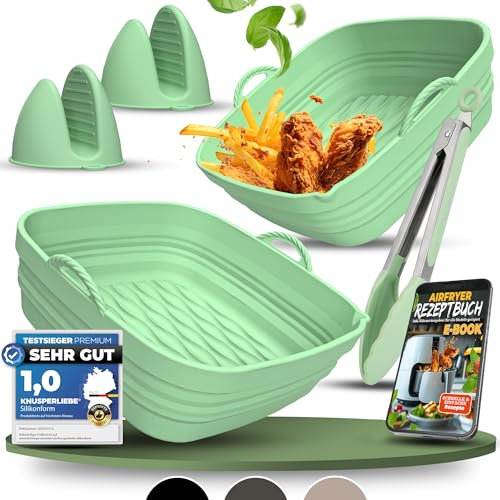 KNUSPERLIEBE® Silikonform-Set faltbar & extra dick für Heißluftfritteusen ab 3,7L-8L mit Zubehör | Airfryer Silikoneinsatz, BPA-FREI, Für Ninja SL400, Phillips, Cosori