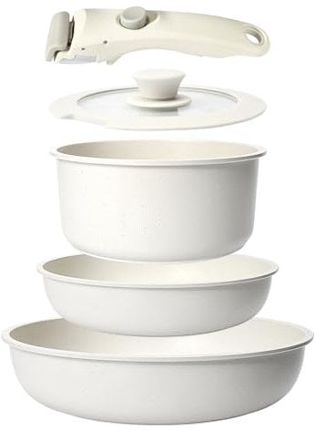 GiPP Set di Pentole e Padelle Ceramiche Antiaderenti 5 Pezzi con Manico Amovibile - Cucina Sana per Camper, Senza Tossine, Compatibile Induzione Forno Lavastoviglie