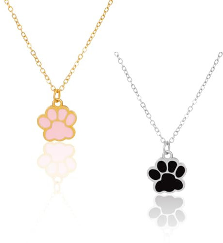 MIRKUZI Halsketten & Anhänger für Hunde, 2 Stück Katzen- und Hundepfoten-Halsketten, Emaille-Halskette mit Pfotenabdruck, süße Pfoten-Halskette (Schwarz und Pink)