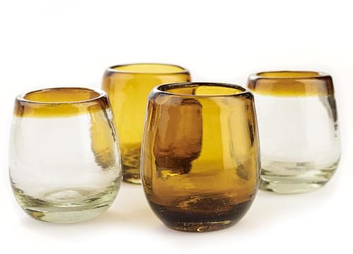 MEXTEQUIL Mexikanische Schnapsgläser, mundgeblasenes Tequila-Set, einzigartige fassförmige Gläser (Bernstein)