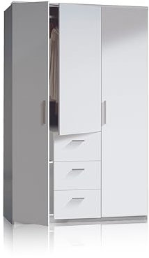 duehome | Armario Tres Puertas y Tres cajones, Modelo Lexor, Acabado en Color Blanco Brillo, Medidas: 117 cm (Ancho) x 203 cm (Alto) x 52 cm (Fondo)