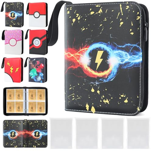 DBPBToU Sammelkarten Album für 400 Karten mit 400 Kartenhüllen Sleeves, Tragbarer Toploader Binder für Poke X, Vmax, TAG TEAM, MTG, TCG, Wasserdicht PU Leder Reißverschluss Sammelkarte (Blitz)