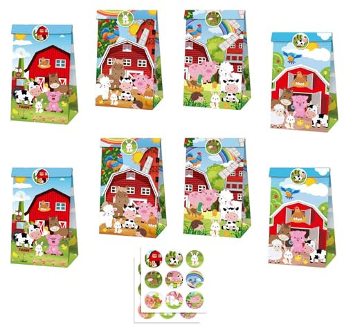 MORAINJAY 12 Stück Nutztiere Papiertüten mit 18 Aufklebern, 22x12x8cm Geschenktüten für Kindergeburtstag Bauernhof Tiere Thema Party, Mitgebsel, Gastgeschenke Candy Tüten
