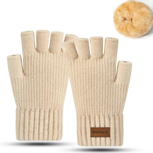 Bototack Fingerless Gloves for Women Men - Winter Thermal Half Finger Gloves Warm Knitted Fingerless Mittens for Driving Running
