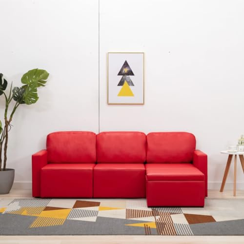 Qnhdfrt Modulares 3-Sitzer Schlafsofa Rot Kunstleder 72 cm Sitzhöhe Modern Eckcouch Ausziehbar für Wohnzimmer Gästezimmer und Loft 216 x 149 cm