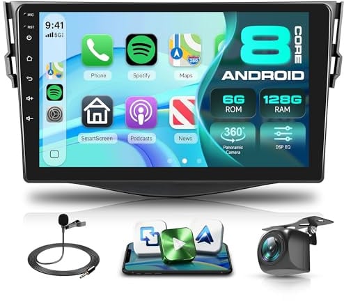 8 Core 6G+128G Android Autoradio für Toyota RAV4 2007-2012 Wireless Carplay Android Auto Navi WIFI 360° Panorama 9 Zoll Touchscreen Autoradio mit Mirror Link Bluetooth FM/RDS/DSP EQ/SWC Rückfahrkamera