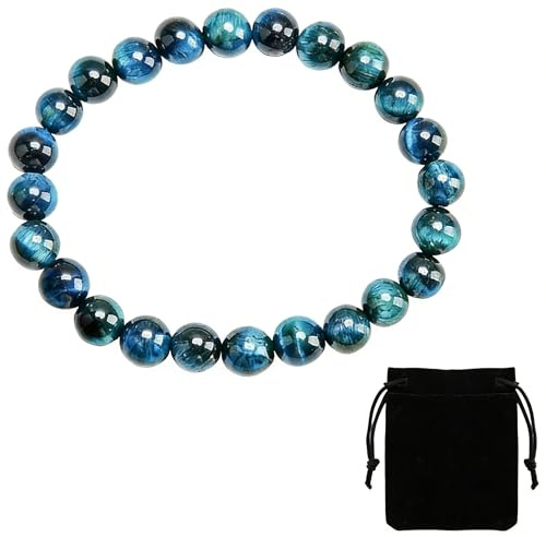 Bracelet Oeil de Tigre 8 mm Pierre Naturelle Bleu – Bijou Mixte Homme Femme, Cordon Extensible 15-20 cm, Accessoire Bien-être Yoga Chakras, Idée Cadeau Anniversaire Saint-Valentin pour Tous Couples