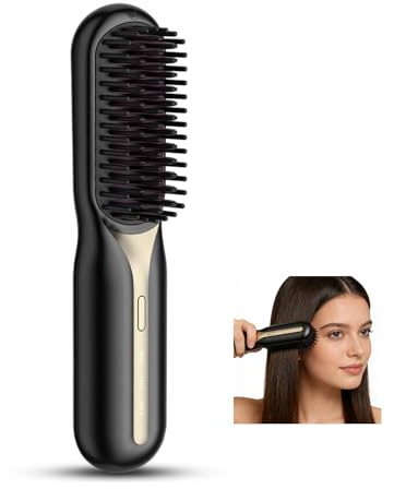 Cordless Rechargeable Heated Hair Straightener Brush - Portable Travel Friendly Hot Brush for Short Hair All Hair Types, Perfect for Daily Styling (Black)
