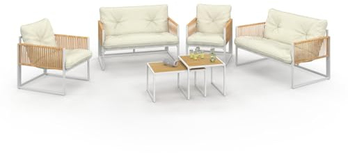 IDMarket - Salon de Jardin Bas Rio 6 Places Structure métal Blanc | Cordage effet rotin, avec coussins beige