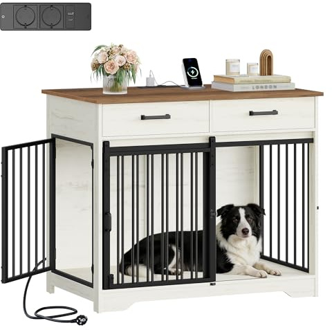 Hzuaneri Hundekäfig Möbel mit Steckdose, Hundebox für Zuhause mit Schiebetür im Scheunentür-Stil & 2 Schubladen, 3-Türen Sideboard für Mittel/Große Hunde, 97 x 56 x 81 cm, Weiß Braun DFC90314BEU