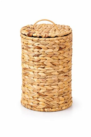 Wicker Waste Paper Bin with Lid, 19 x 28.5 cm Woven Trash Can, Boho Natural Fiber Waste Basket for Bedroom, Bathroom, Office, Laundry Room and Storage