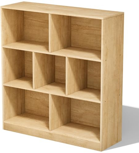 7 Cube Storage Unit, Oak Bookcase Cube Shelf with Base Design, Bookshelf | Wooden Storage Unit with Anti-tip Device, Freestanding Book Case for Living Room Bedroom Office, 91.1x29.5x97.8cm