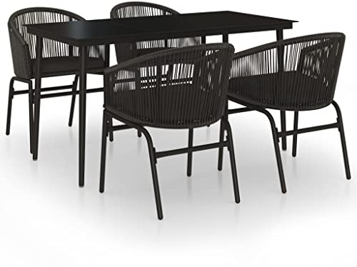 pokgdf 5-TLG. Garten Essgruppe aus Stahl und Glas, Gartentischgruppe mit Stahlrahmen und Rattan, Essgruppe für den Außenbereich mit Glasplatte in Schwarz