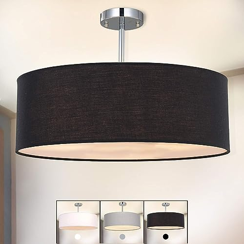 SPARKSOR Deckenleuchte, Stoff Deckenlampe, Schwarz Rund Pendelleuchte für Wohnzimmer Schlafzimmer Küche Esszimmer, Durchmesser 45cm, Chrom matt, Warmweiss 3-flammig E27
