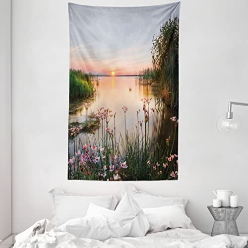 ABAKUHAUS Natur Wandteppich und Tagesdecke, Sonnenuntergang am See Chudskoy aus Weiches Mikrofaser Stoff Waschbar ohne Verblassen Digitaldruck, 140 x 230 cm, Rosa und blau