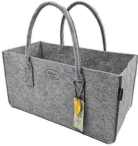 RAIKOU KULT Filz-Tasche Shopper NEU Filzkorb Einkaufstasche Henkeltasche Zeitungskorb Stabile Kaminholztasche Zeitungsständer auch für Spielzeug Garten Picknick Strand (Grau,50x34x27cm)