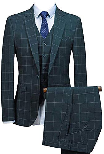 CALVINSUIT Herren Schottenkaro 3-teilig Slim Fit Anzug One Button Smoking Business Hochzeitsgesellschaft Jacke Weste & Hose