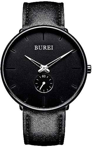 BUREI Herrenuhr Minimalistisch Schlank Schwarzes Zifferblatt Analog Quarz Uhr mit Schwarzem Mesh Armband