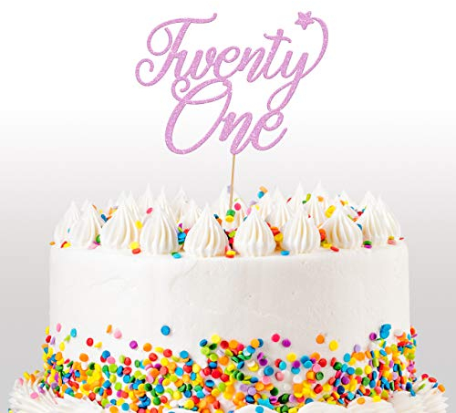 Cakeshop 21st Birthday Glitter Cake Topper, Age 21 Cake Topper Decoration, 21st Anniversary - Double Sided 400gsm Glitter Card, Choice 14 of Colours and Loads of Styles (Baby Pink)