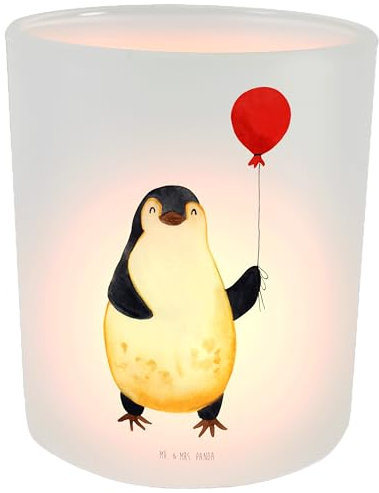 Mr. & Mrs. Panda Windlicht Pinguin Luftballon - Geschenk, Pinguine, Teelichthalter, Motivation, Teelichtglas, Kerzenlicht, Windlicht Kerze, Windlicht