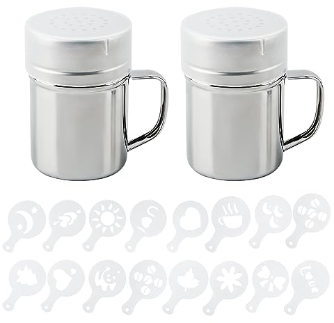 AIFUDA 2 pezzi in acciaio inox draghe shaker con manico e 16 stampi da stampa stencil, sale, pepe, caffè, cacao, cannella, lattina con foro per cucina e cottura