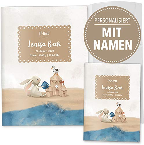 OLGS U-Heft und Impfpasshüllen Set Auf Hoher See | Untersuchungsheft Hülle & Impfpasshülle personalisierbar mit Namen und Geburtsdatum (U-Heft Set 3-teilig personalisiert, Sandburg Hase)