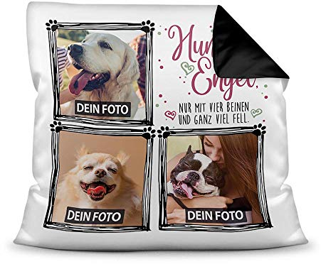 PR Print Royal Kissen inkl. Füllung mit Spruch - Hunde sind wie Engel - zum selbst Gestalten mit DREI Wunschfotos für den Hundefreund, Farbkissen Rückseite Schwarz, 40 x 40 cm