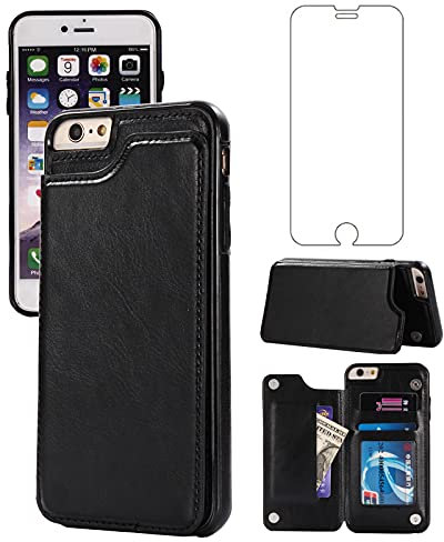 Asuwish Compatible with iPhone 6 Plus/6S Plus Flip Leather Phone Case with Tempered Glass Screen Protector, Card Holder, Kickstand, Black