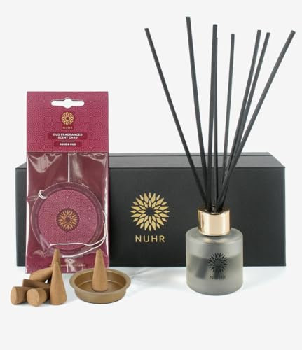 NUHR Home Scenting Gift Set - Rose & Oud with Luxury Reed Diffuser with 10 x Incense Cones & Scent Card, Long Lasting Scented Home Fragrance