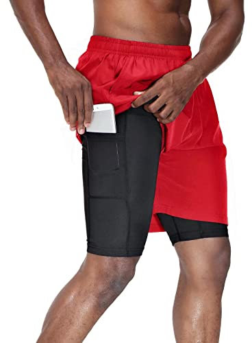 HMIYA Herren 2 in 1 Shorts Fitness Sporthose Kurz Jogginghose Schnelltrocknende Laufhose mit Kompressionsshorts und Taschen Reißverschlussfach(Rot,EU-L/US-M)