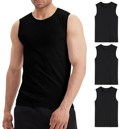 LiKing Camiseta sin Mangas para Hombre,100% algodón, Pack de 3 Camisetas de Tirantes para Hombre,sin Mangas, con Cuello Redondo,elástica para Gimnasio Camiseta de Ocio Negro 2XL