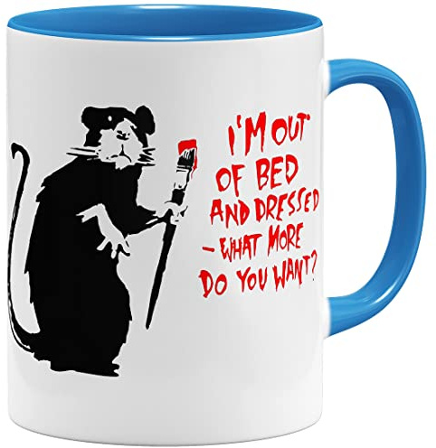 OM3® Out Of Bed Rat Banksy Tasse - Keramik Becher - 11oz 325ml - Beidseitig Bedruckt - Hellblau