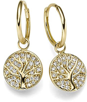 Creolen mit Einhänger Lebensbaum 585 Gold Gelbgold 54 Diamanten 0,27 Ct TW-SI
