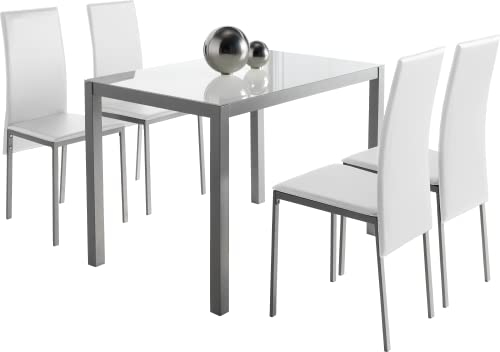 MOMMA HOME Conjunto de Mesa y Sillas Melbourne - con 4 Sillas - Mesa Fija - con Encimera de Cristal - para Salón y Cocina - Muy Elegante - Diseño Moderno Color Blanco