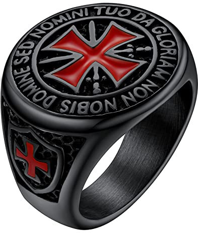 FaithHeart Crusader Red Cross Rings for Soldiers Punk Knight Templar's Ring Black Stainless Steel Pinky Rings Size T 1/2