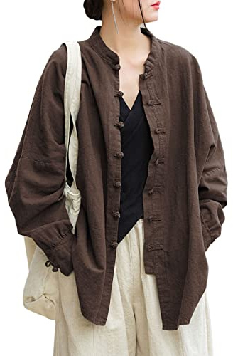 Aeneontrue Women's Linen Oversized Blouses Vintage Long Sleeve Jackets Loose fit Chinese Frog Shirts Brown Large