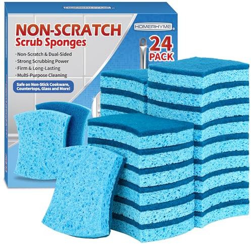 HOMERHYME Paquete de 24 esponjas de celulosa antiarañazos para fregar, esponja de cocina con diseño ergonómico y de doble cara. Esponja duradera para platos, utensilios de cocina recubiertos,