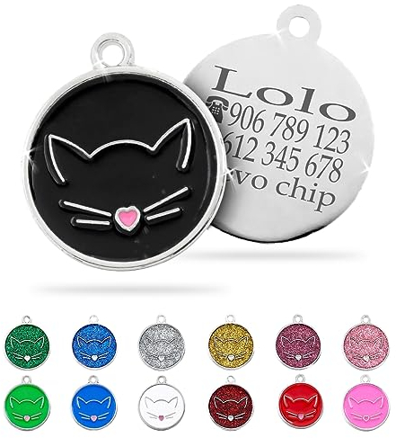 Ibera Gifts - Chapa Identificativa Gato en Forma Redonda con Cara de Gato, Chapa Nombre Gato para Gatos de Todos los Tamaños, Metal de Aleación, Collar Gato Personalizado (Negro)