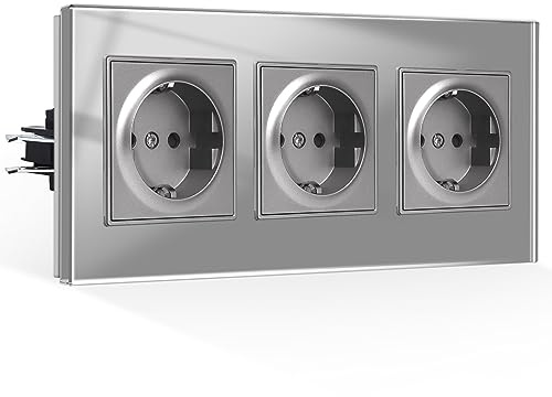 CNBINGO Schuko Steckdose Unterputz mit Krallen, 3-Fach Grau Glasscheibe | Dreifachsteckdose mit Kindersicherung, Einzel Schutzkontakt Wandsteckdose, 16Amp 250V, Horizontal oder Vertikal